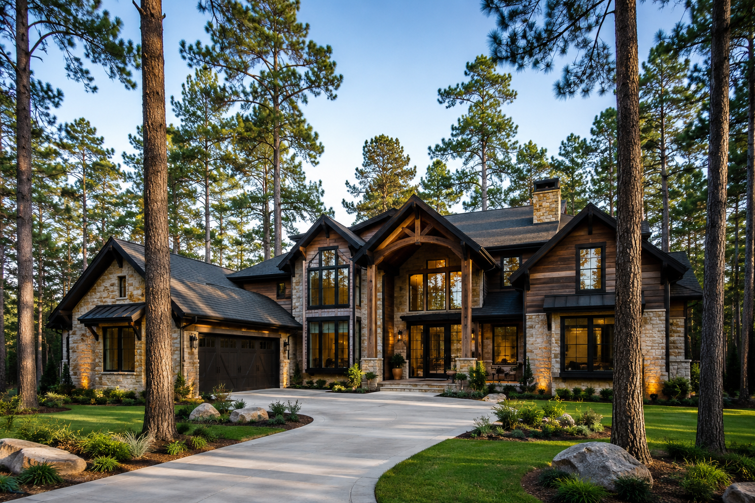 Luxury custom home surrounded by East Texas pine trees in Conroe, Texas with premium energy-efficient replacement windows.