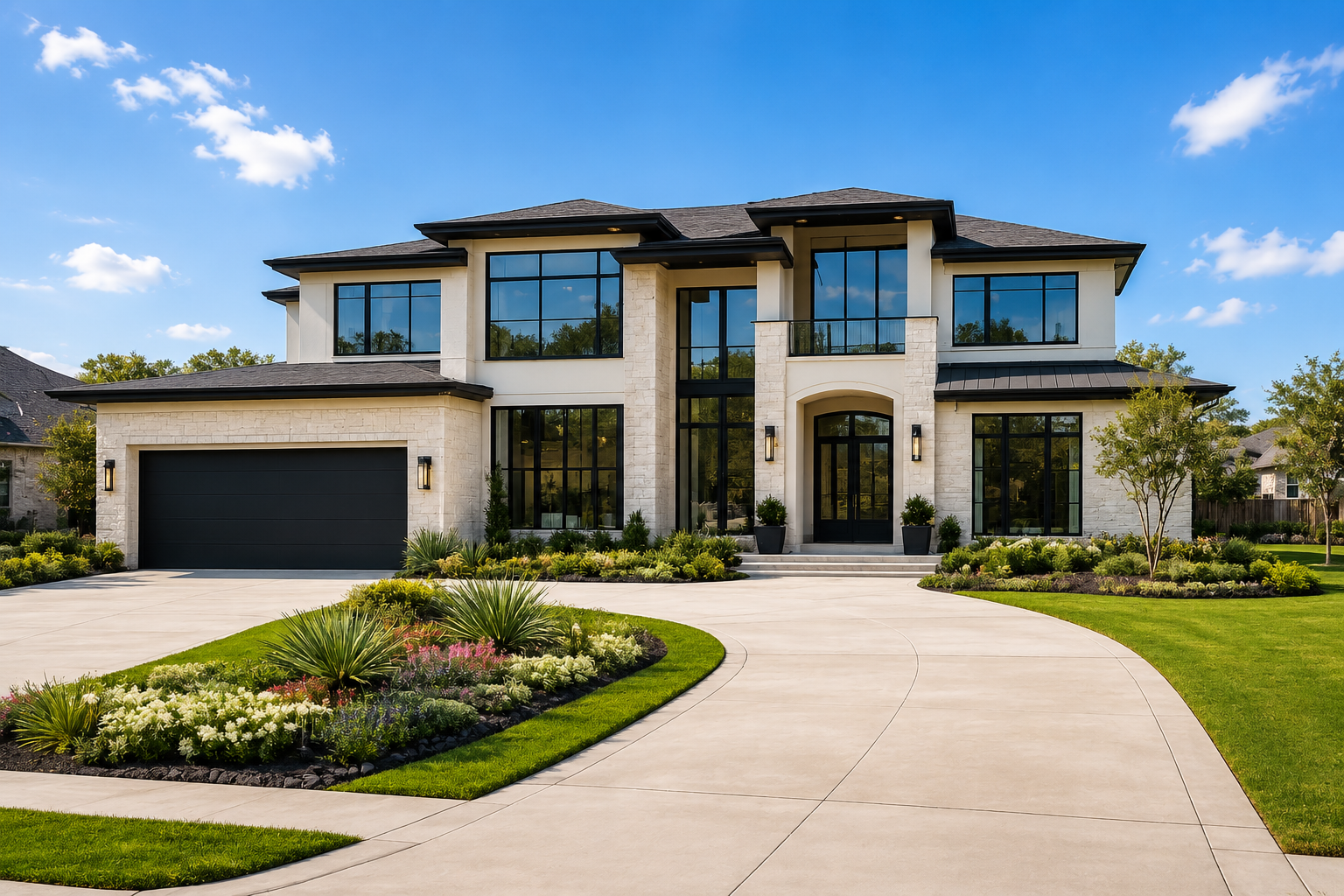 Luxury modern home in Katy, Texas inspired by Cinco Ranch with premium replacement windows and elegant curb appeal.