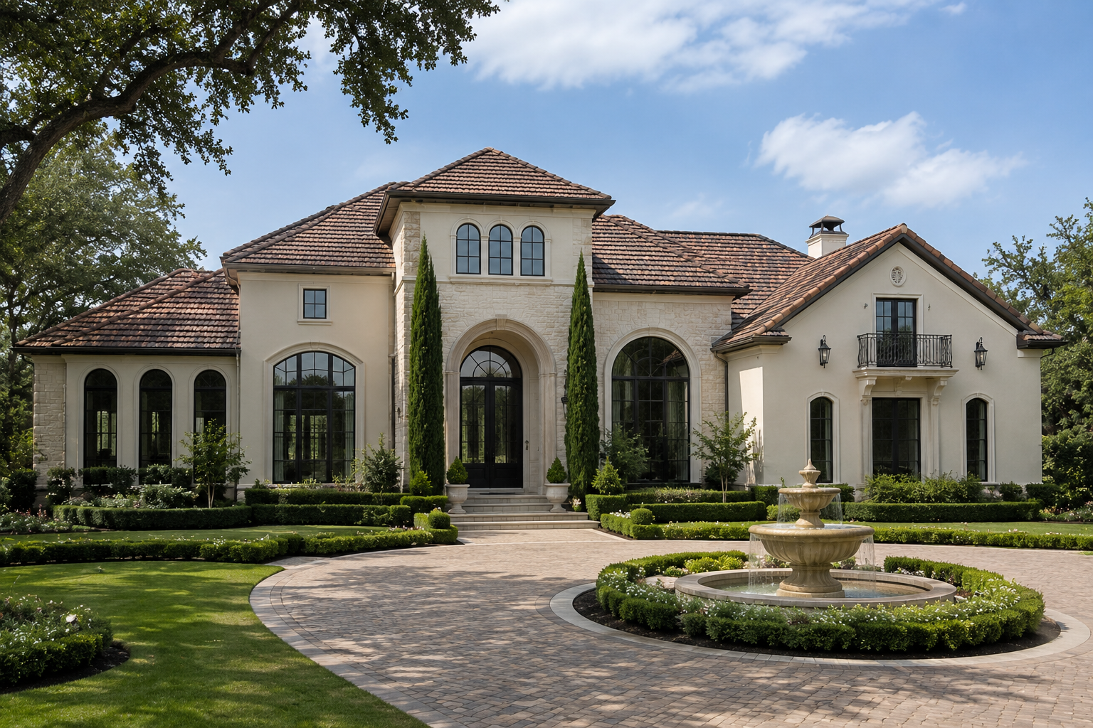 Luxury Sugar Land, Texas estate featuring premium replacement windows, elegant Mediterranean-inspired architecture, and resort-style curb appeal.